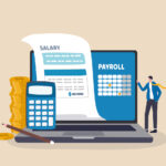 Smart payroll system, online income calculate and automatic payment, office accounting administrative or calendar pay date, employee wages concept, businessman standing with online payroll computer.