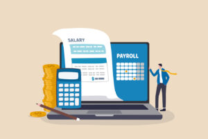 Smart payroll system, online income calculate and automatic payment, office accounting administrative or calendar pay date, employee wages concept, businessman standing with online payroll computer.